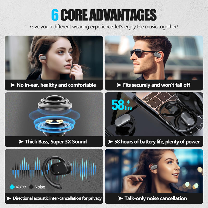 Open Ear Headphones, Headphones Wireless Bluetooth with Microphone, Waterproof Noise Reduction, Multi-Angle Adjustment, Long-Lasting, Suitable for Running, Driving, Exercise